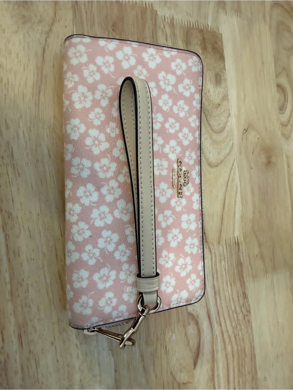 Coach Pink Floral Wristlet with Cream Strap